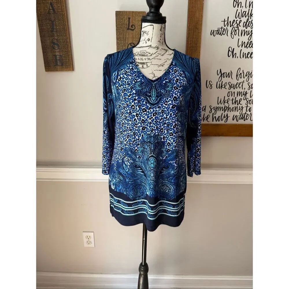 Easywear by Chico's Women's Cheetah 3/4 Sleeve Tunic Top Blue Black Chico’s Size